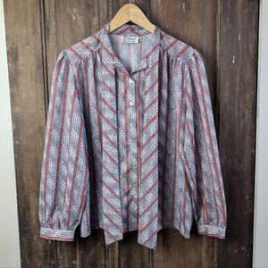 Vintage 70s D'Aillards Tie Neck Blouse Grey Red | Secretarycore | Medium
